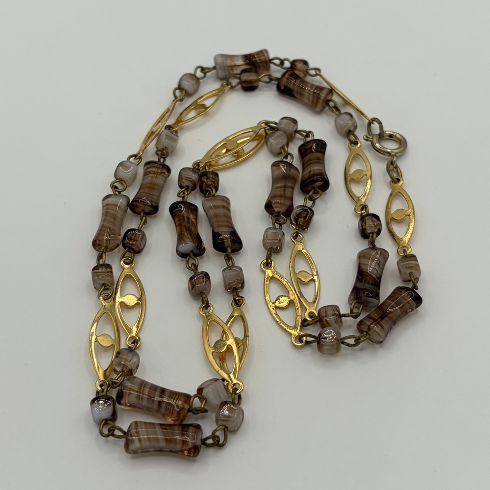 Vintage Long Brown Swirl Art Glass‎ Bead Station Necklace Gold Tone Flapper